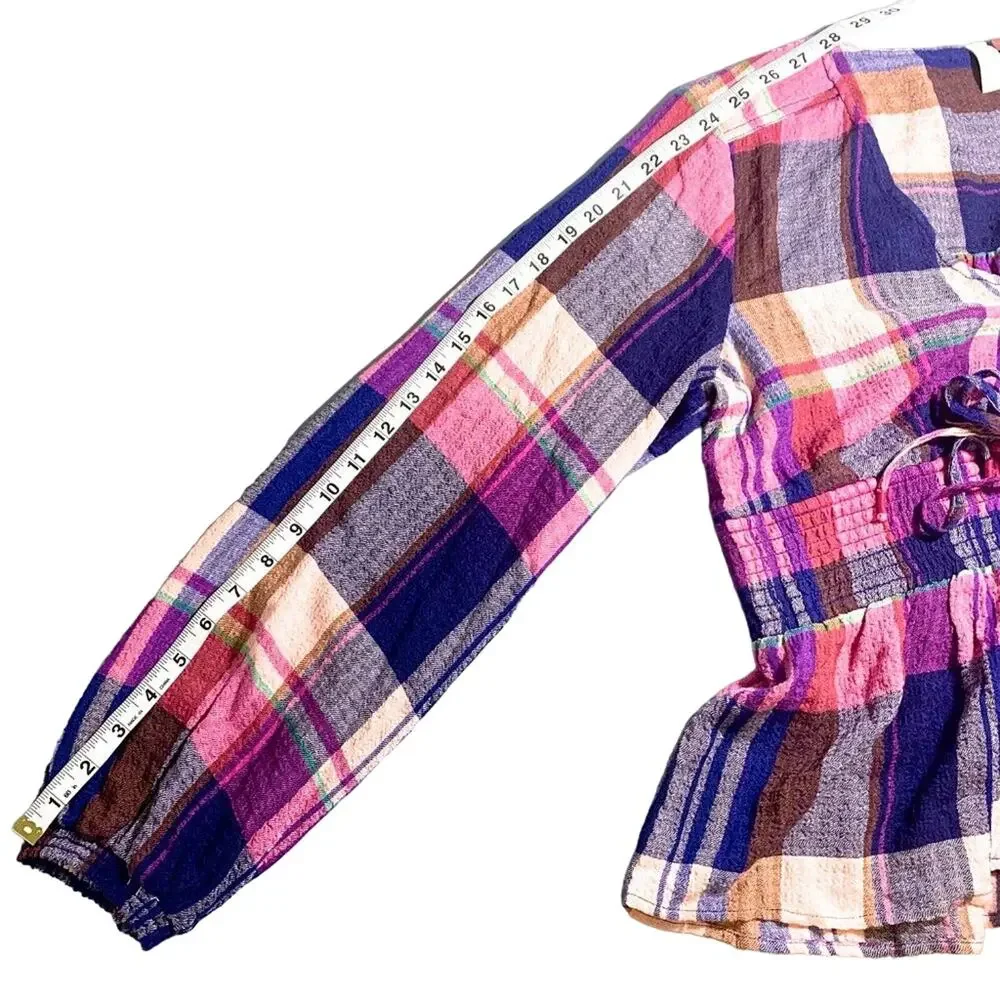 Pilcro Anthropologie Plaid Peplum Smocked Waist Long Sleeve Top Pink Navy Small